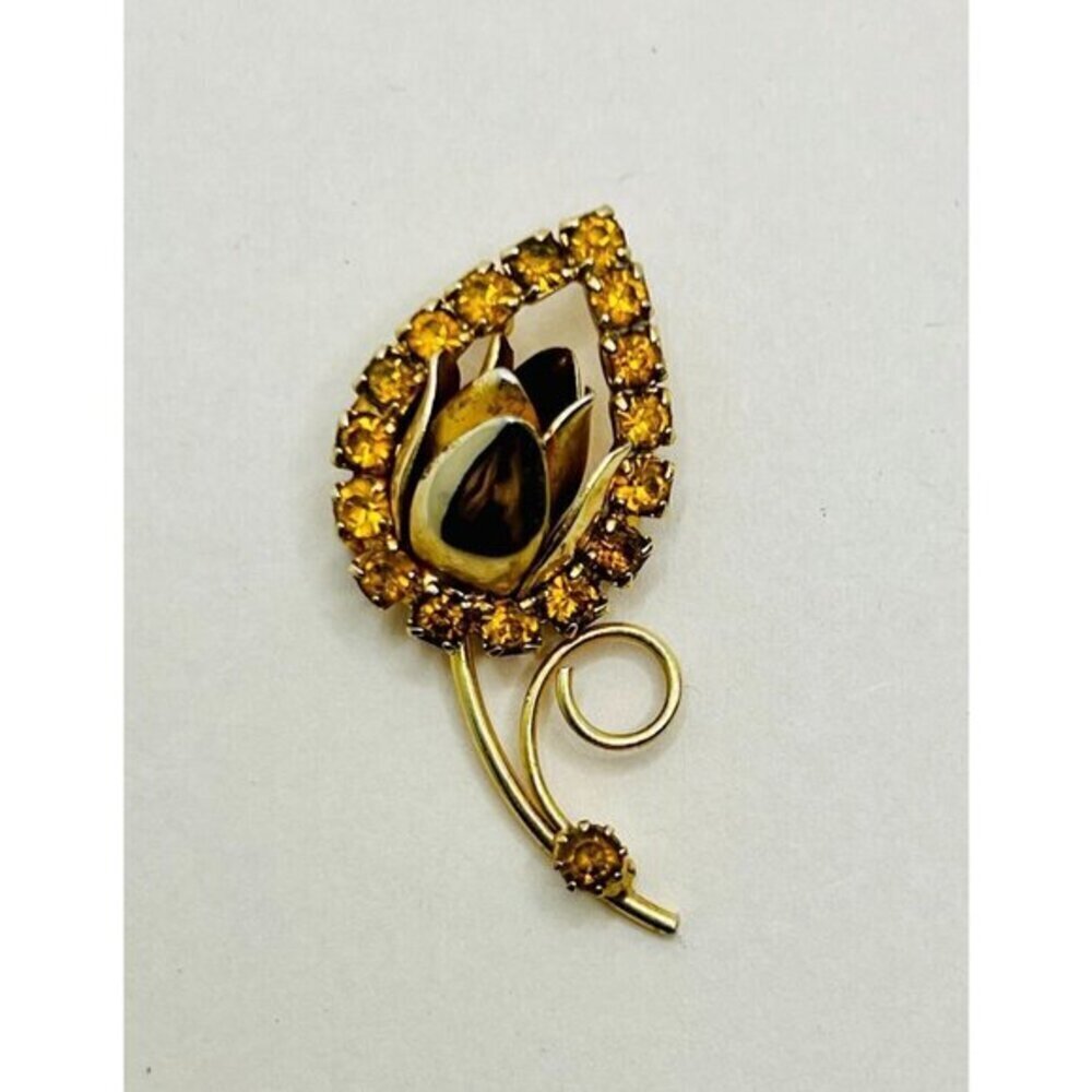 Rare Tulip Peach Rhinestone Brooch Vintage Three Dimensional Art Nouveau